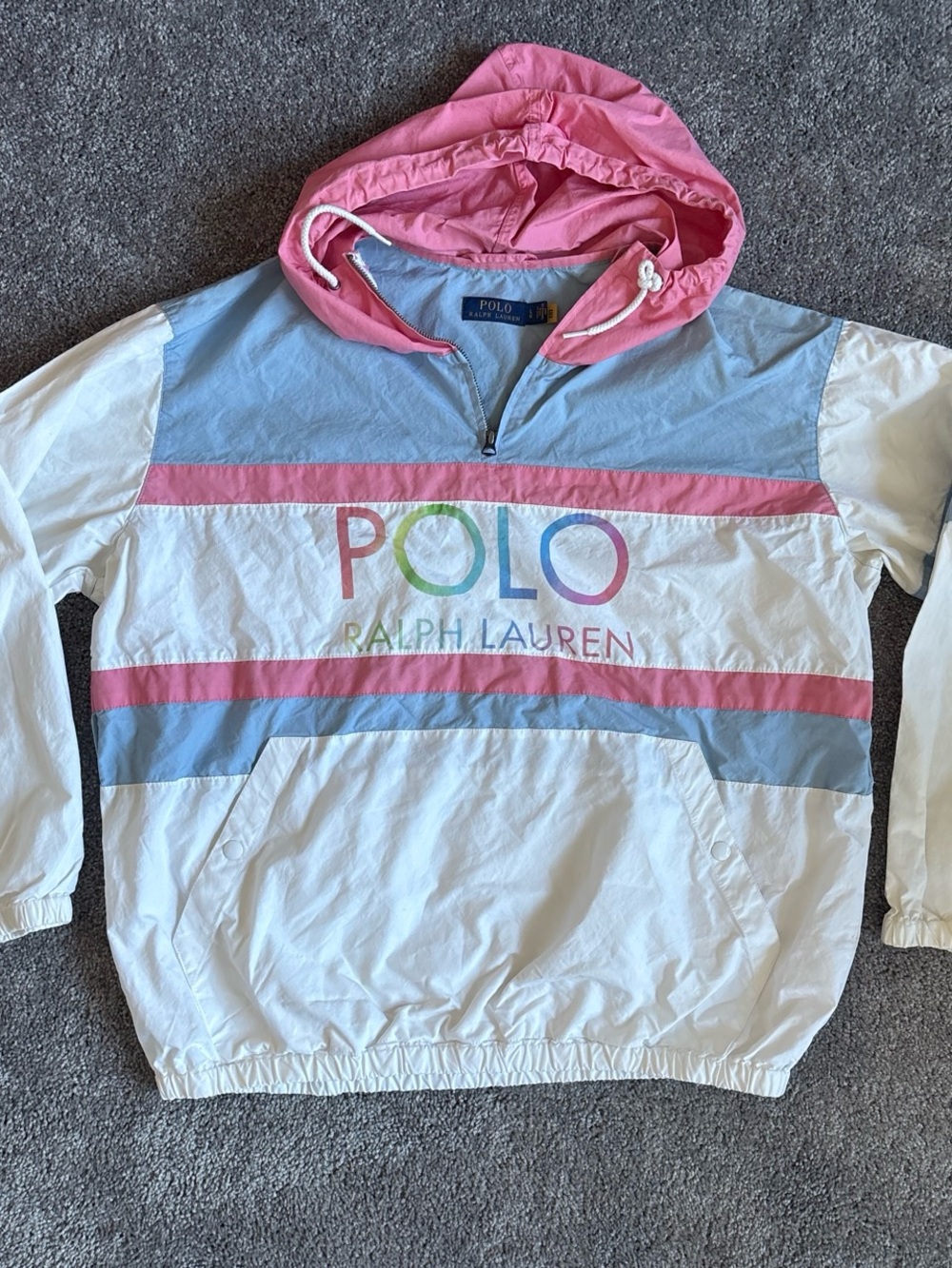 Ralph Lauren White Pink Light Blue Colorblock Hooded Windbreaker Sweatshirt L